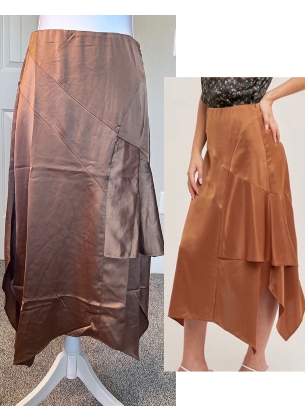 NWT Hem & Thread Asymmetrical Ruffle Satin Skirt Elastic Waist Zip up Sz Small